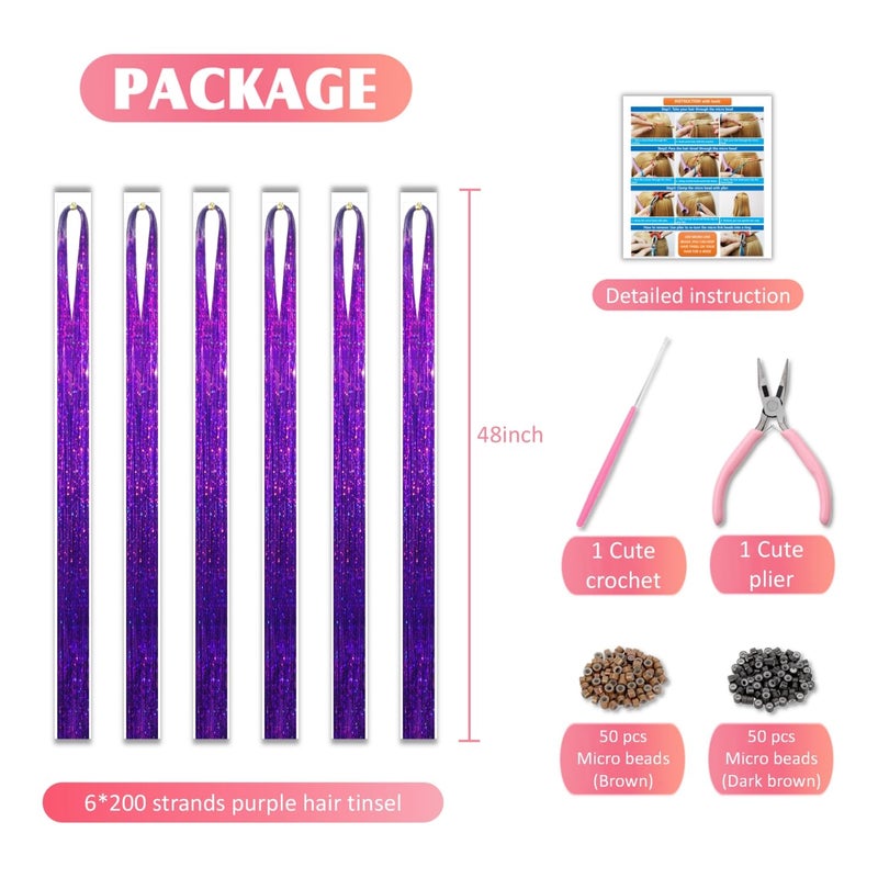 Fiwecos طقم خيوط شعر بنفسجي 48 بوصة 1200 خيط مع أدوات وتعليمات سهلة التركيب لتزيين الشعر بخيوط لامعة للنساء والفتيات، إكسسوارات شعر براقة لعيد الهالوين وتكليف الحفلات - Image 3
